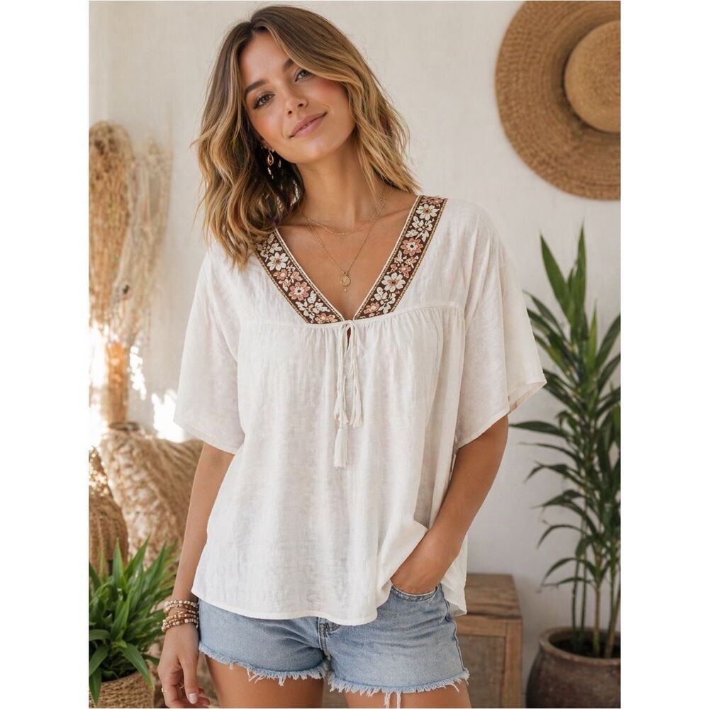 Lottie & Holly White Embroidered V-Neck Boho Chic Top